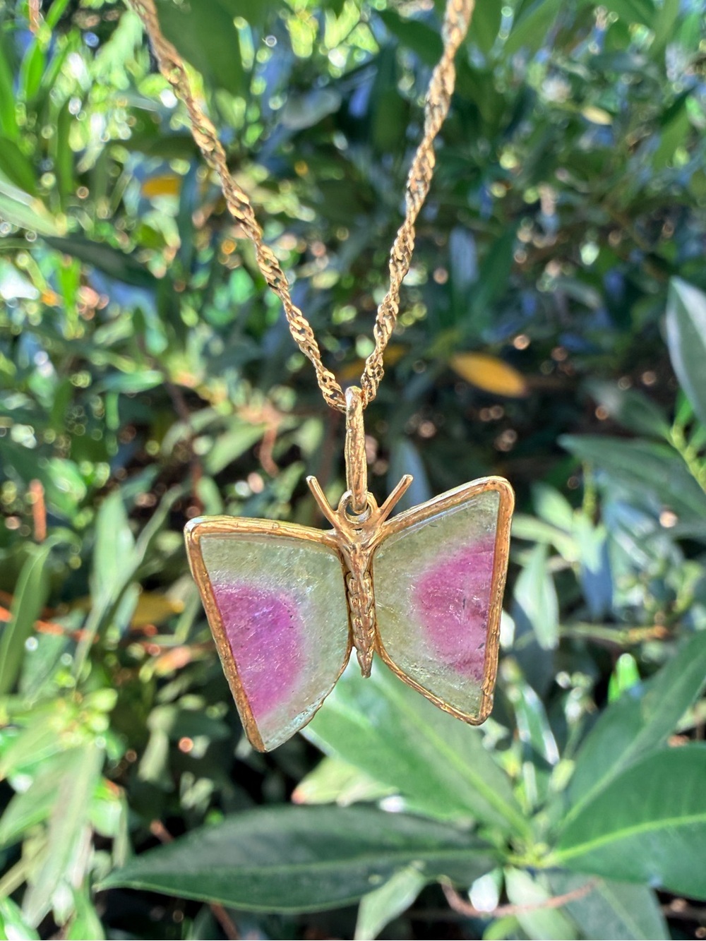 18K Watermelon Tourmaline Butterfly Pendant 2.5g